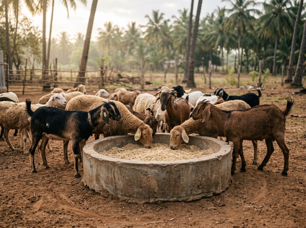 Sheep and goats feeding on premium molasses-mixed feed